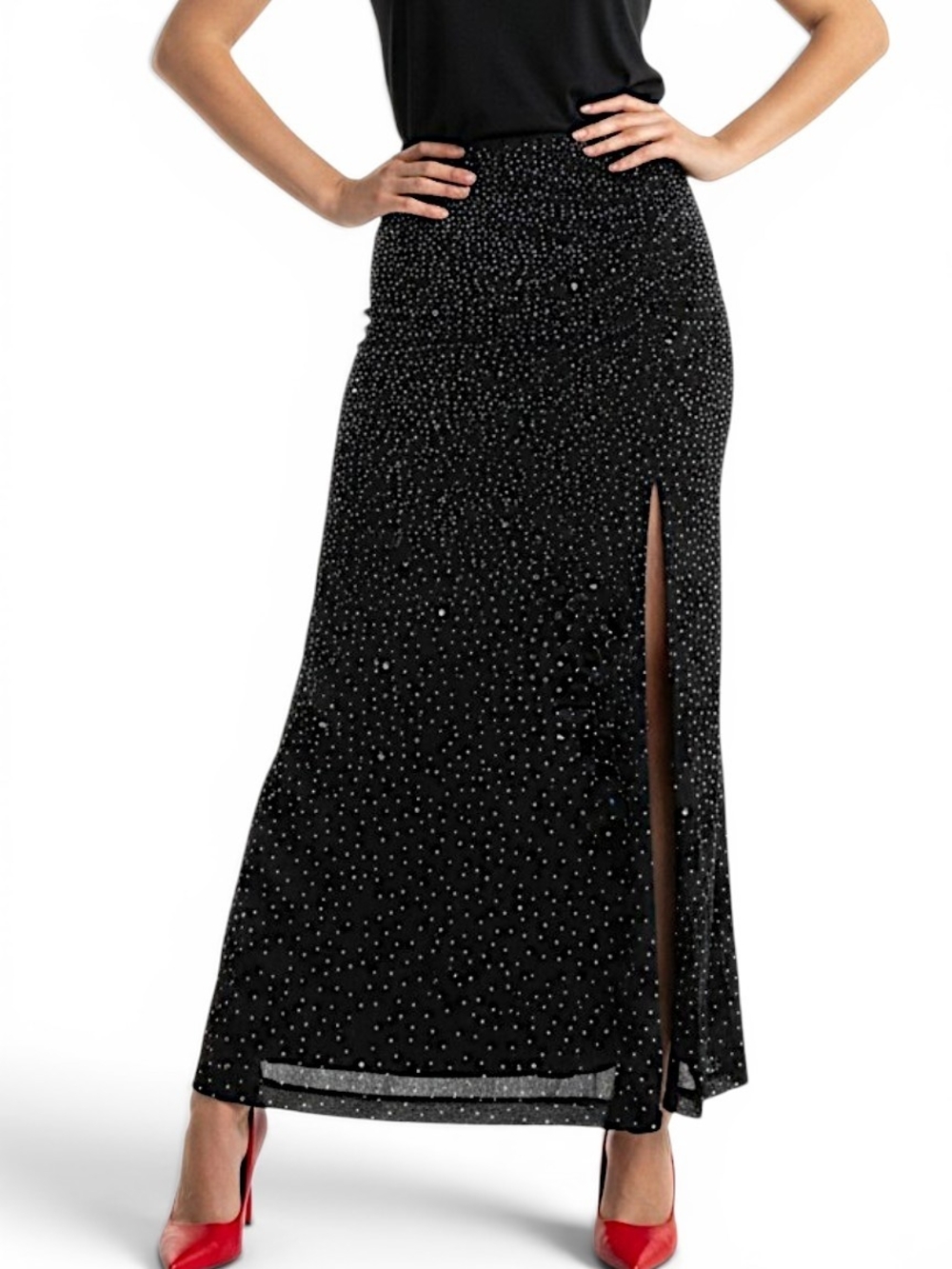 Ember Rhinestone Maxi Skirt Black Ruched Slit Sparkle Size Large NWT